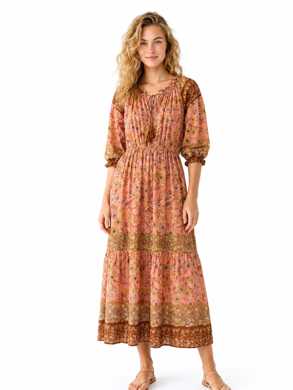 EUC!! Umgee Rose Pink & Brown Floral Boho Tiered Maxi Dress